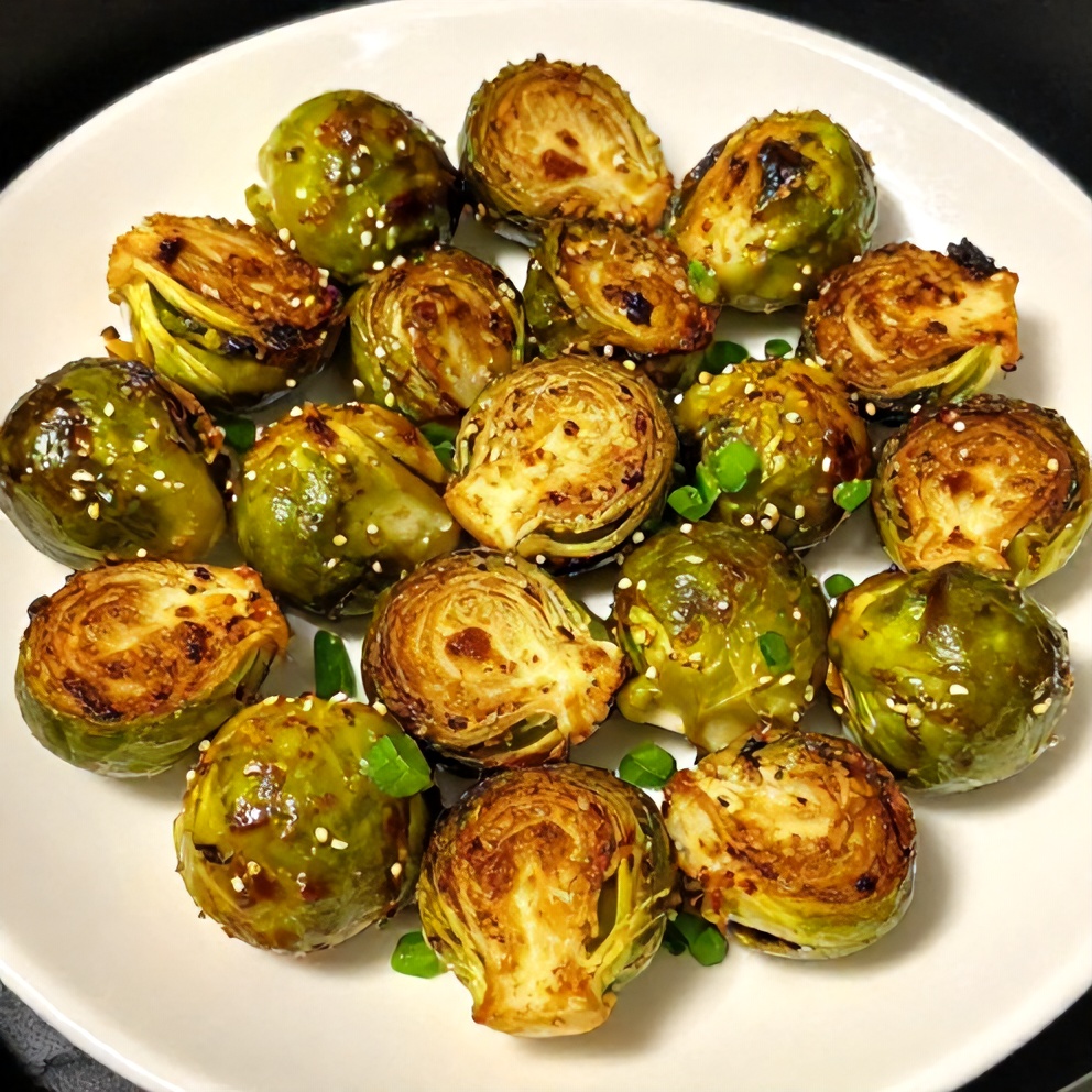 Plated Air Fryer Brussels Sprouts with Honey and Spice