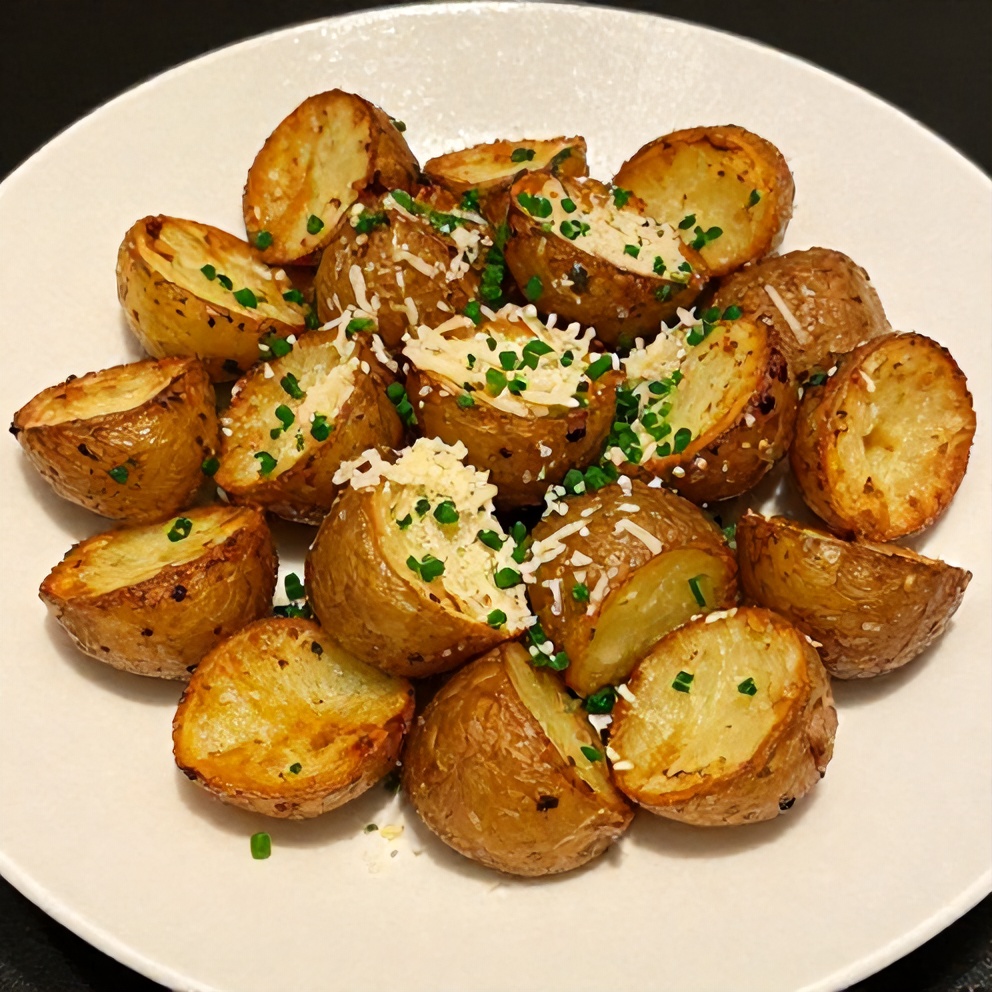 Plated air fryer smashed potatoes with fresh herbs