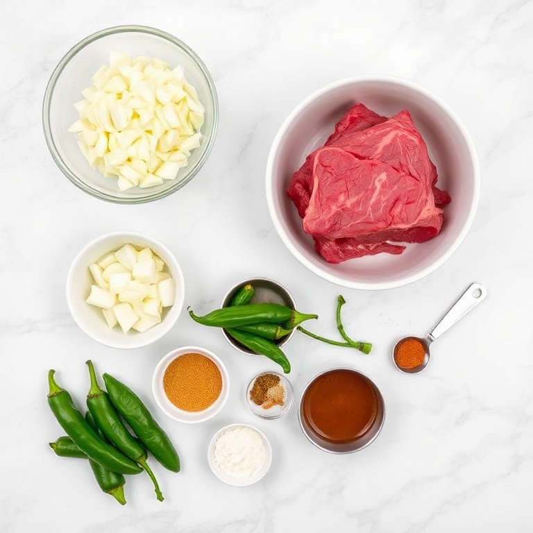 Raw ingredients for Pot Birria Tacos including beef, onions, garlic, and spices