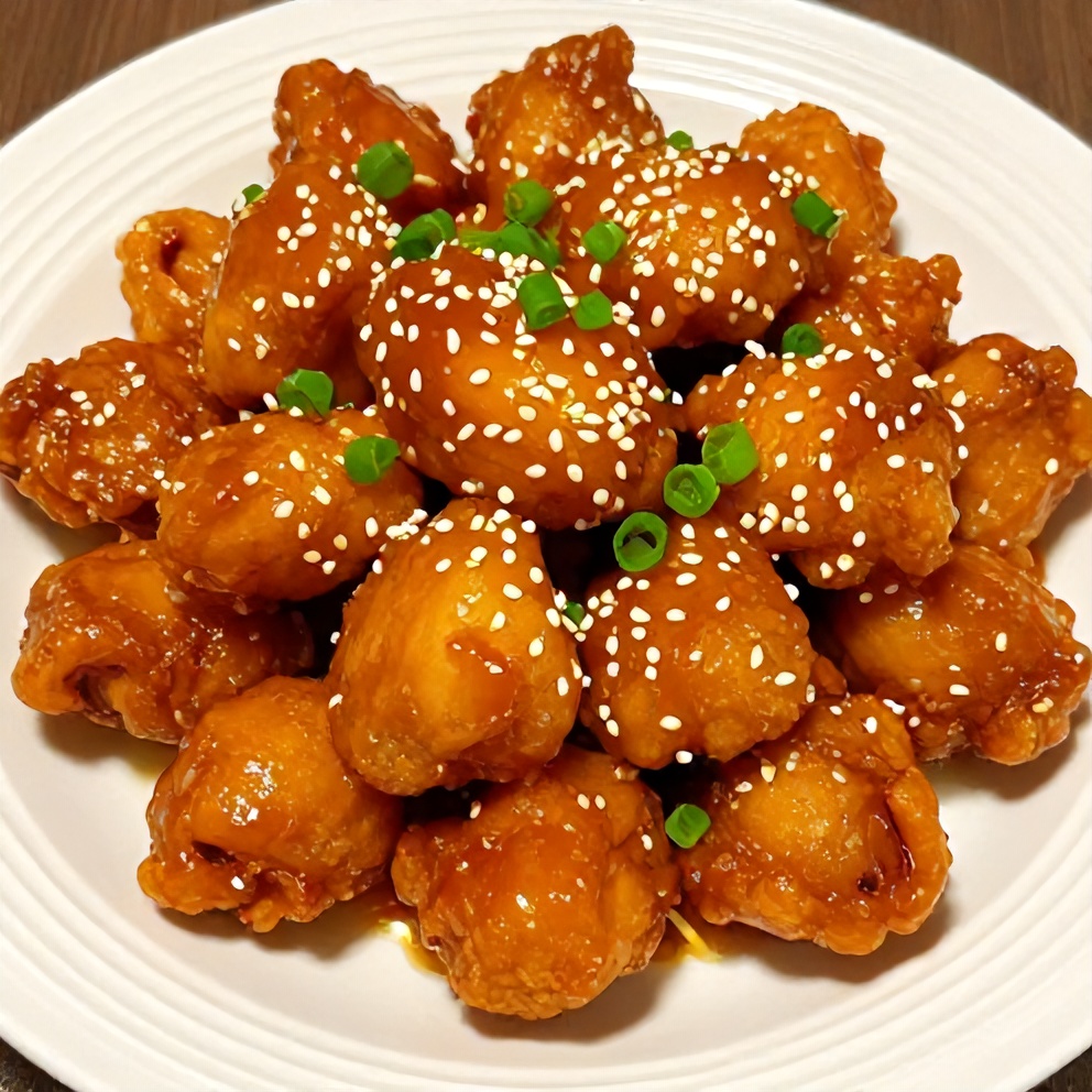 Orange chicken on a plate with green onions