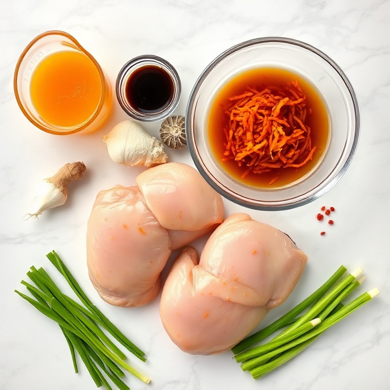 Orange chicken ingredients on a wooden surface