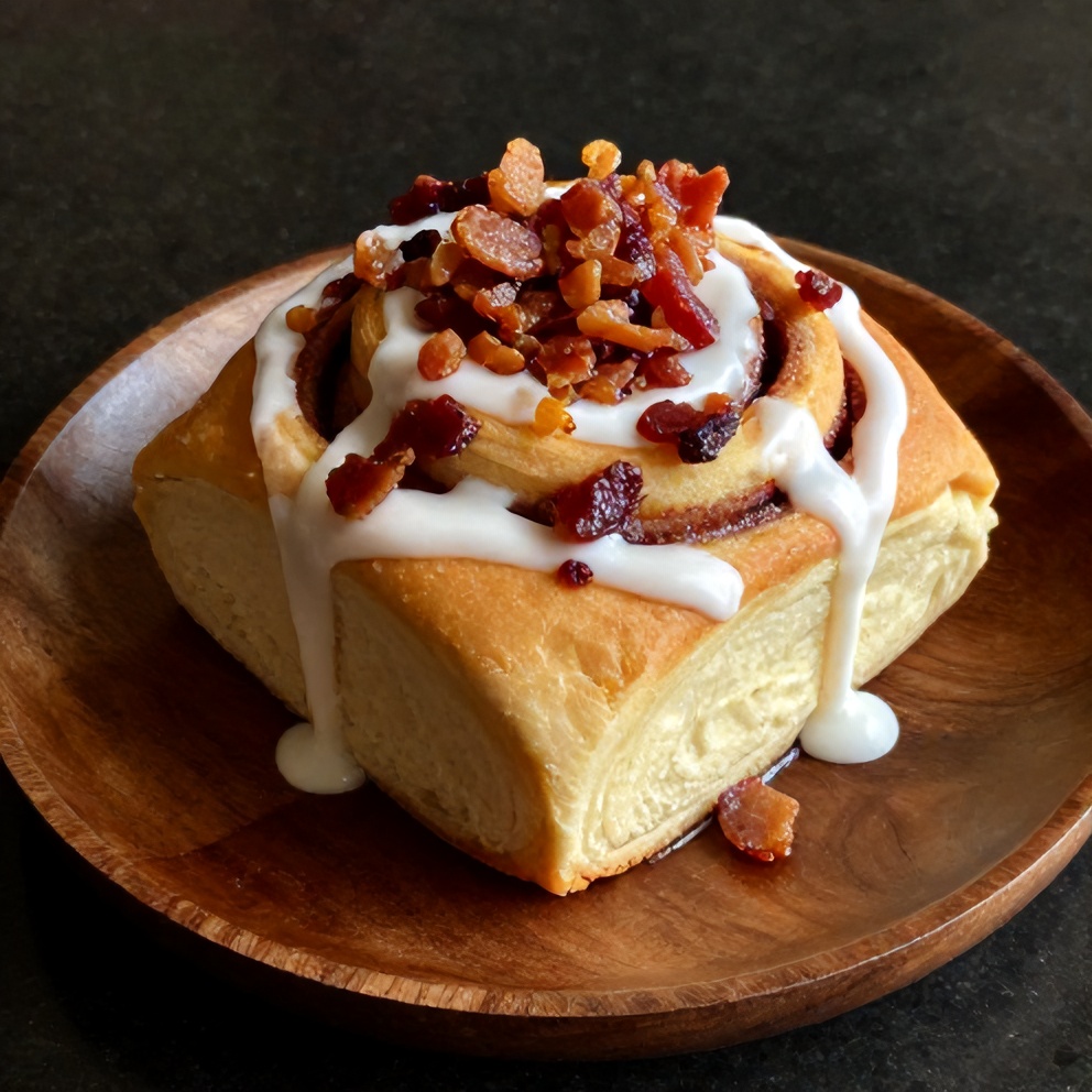 Plated bourbon maple bacon cinnamon rolls