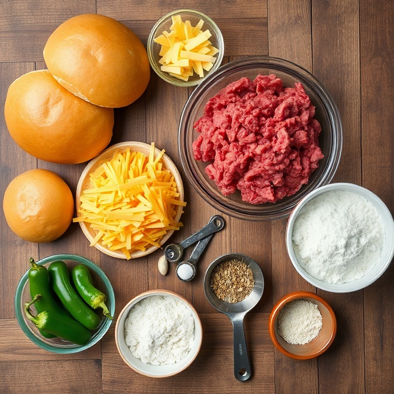 Ground beef, jalapeños, cheddar cheese, burger buns, and seasonings laid out on a wooden surface