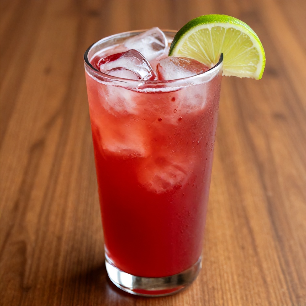 Glass of cherry limeade with ice and lime wedge garnish on a wooden table