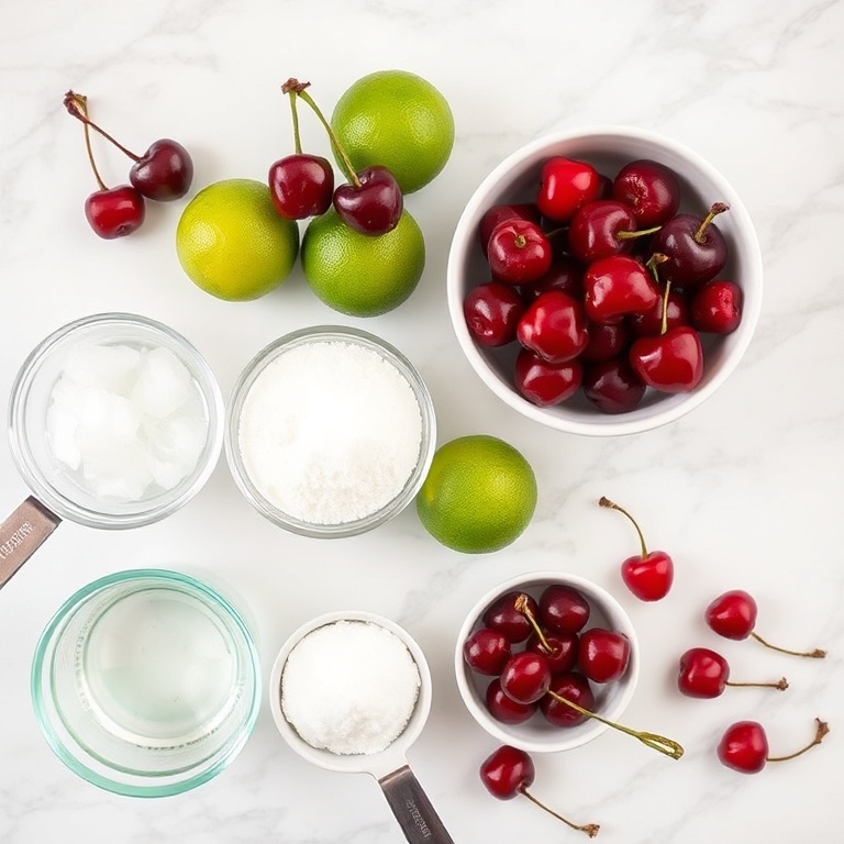 Ingredients for cherry limeade: cherries, limes, sugar, water, ice, and maraschino cherries