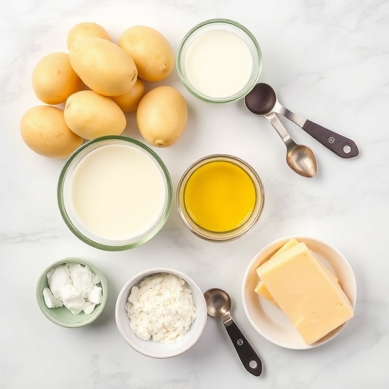 Raw ingredients for Classic Potato Gratin arranged in a flat lay