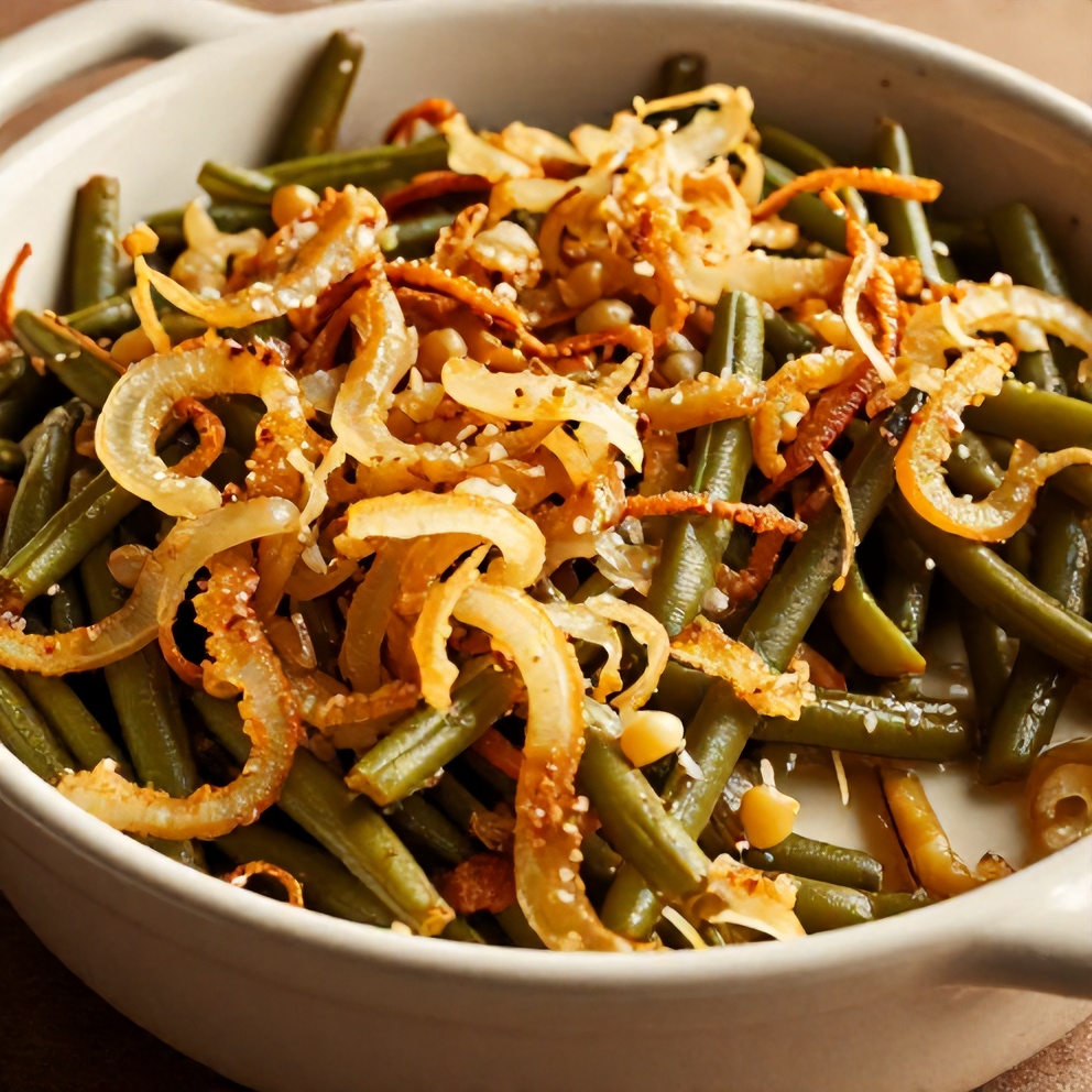 Green bean casserole served in a ceramic dish with a side of roasted chicken