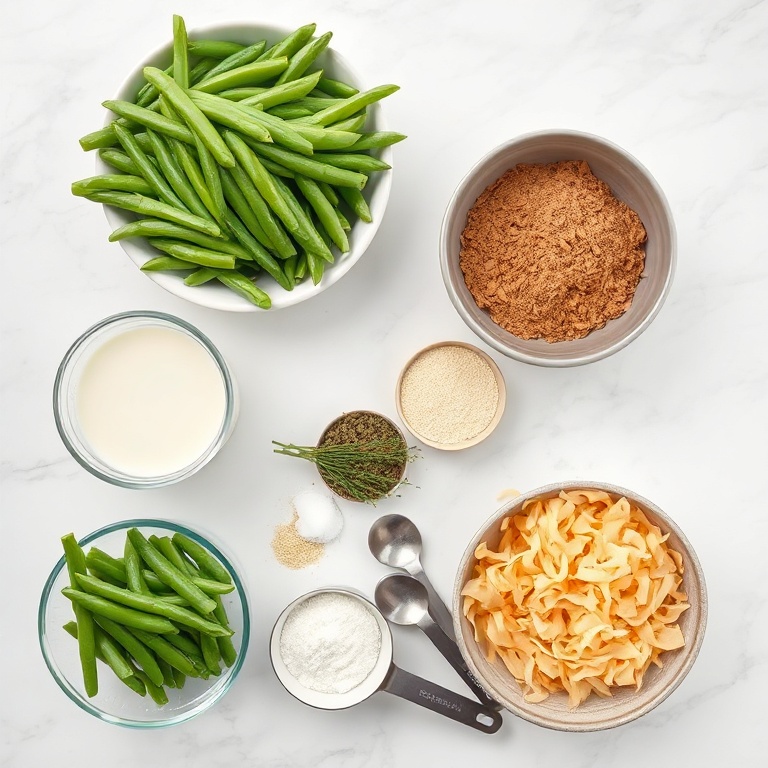Green beans, cream of mushroom soup, milk, crispy onions, salt, pepper, and garlic