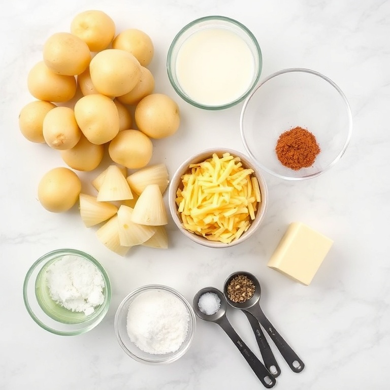 Raw Ingredients for Scalloped Potatoes - Potatoes, Onion, Butter, Heavy Cream, Cheddar Cheese