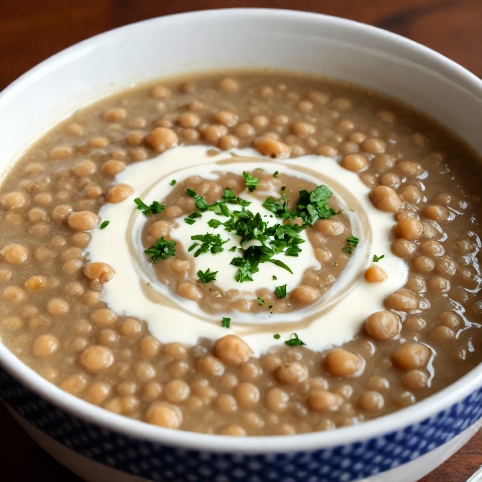 Bowl of classic split pea soup with a swirl of cream and a sprinkle of chopped parsley
