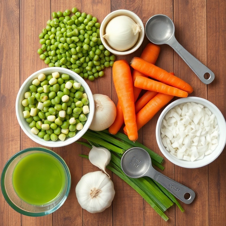 Split peas, onion, carrots, celery, garlic, ham, and seasonings laid out on a wooden surface