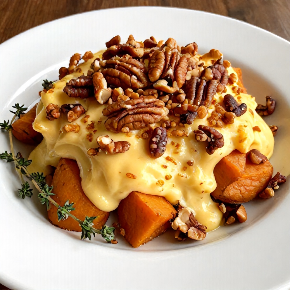 Plated Classic Sweet Potato Casserole with Pecan Topping
