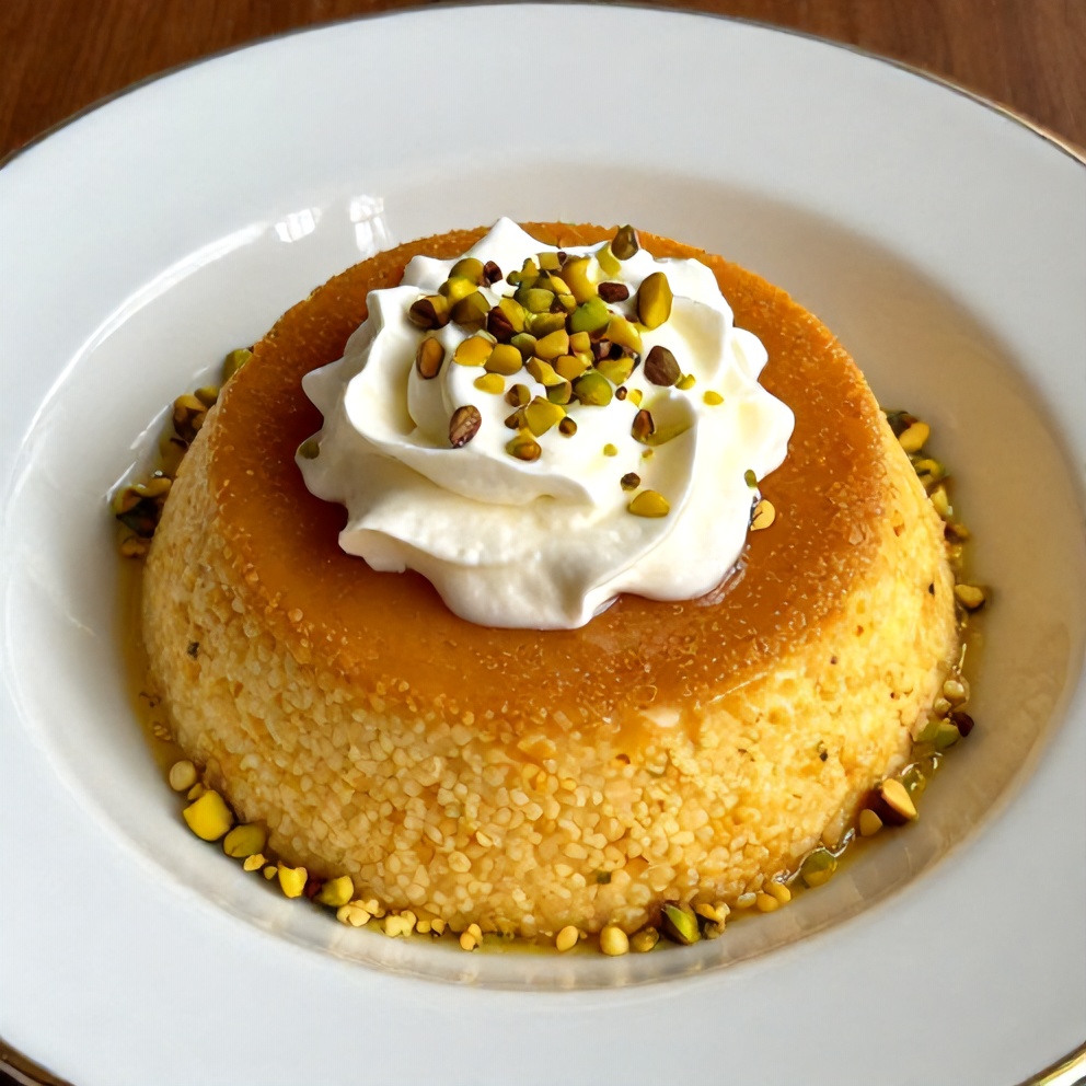 Plated orange blossom semolina pudding with pistachios