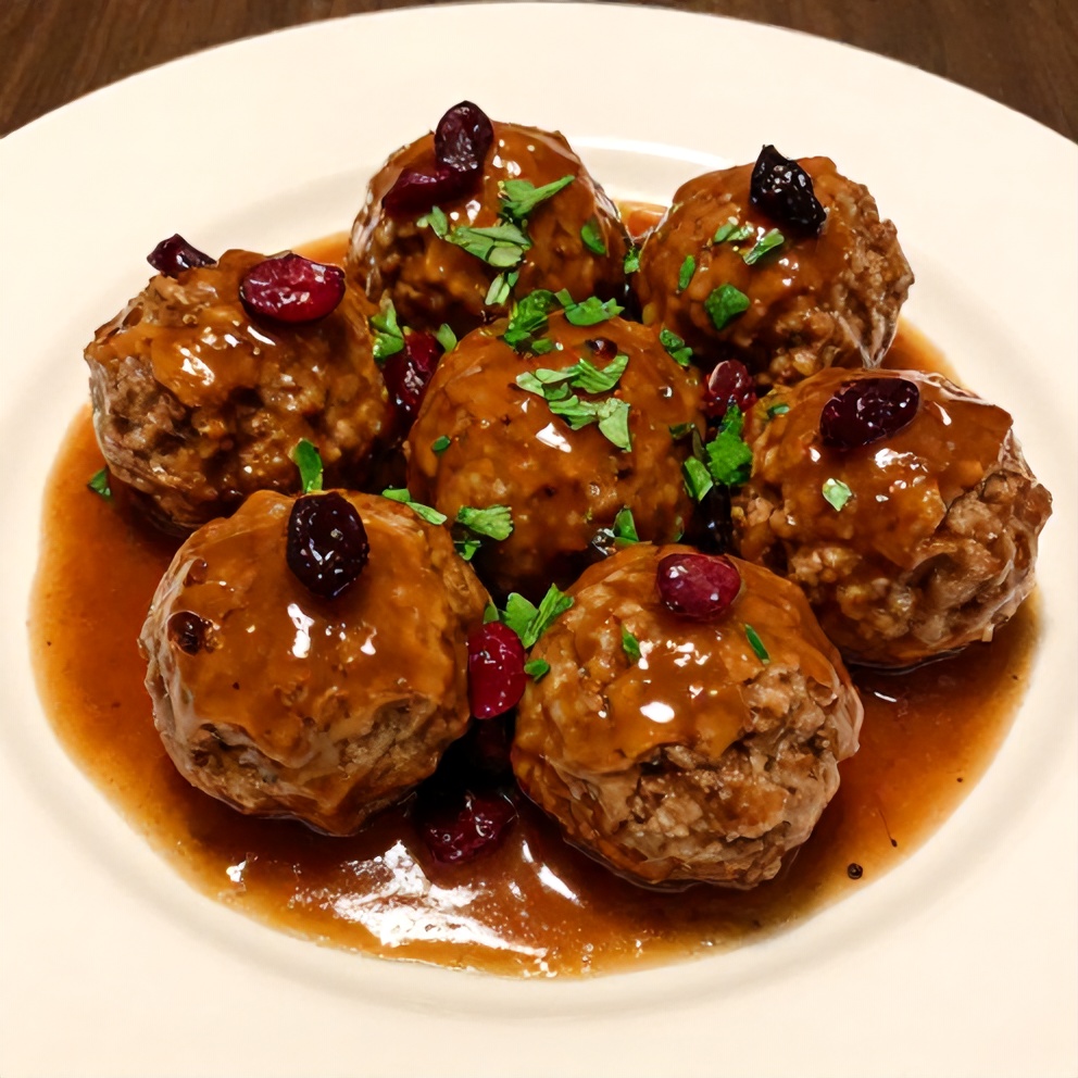 Plated serving of Sweet and Tangy Cranberry Meatballs on a white plate