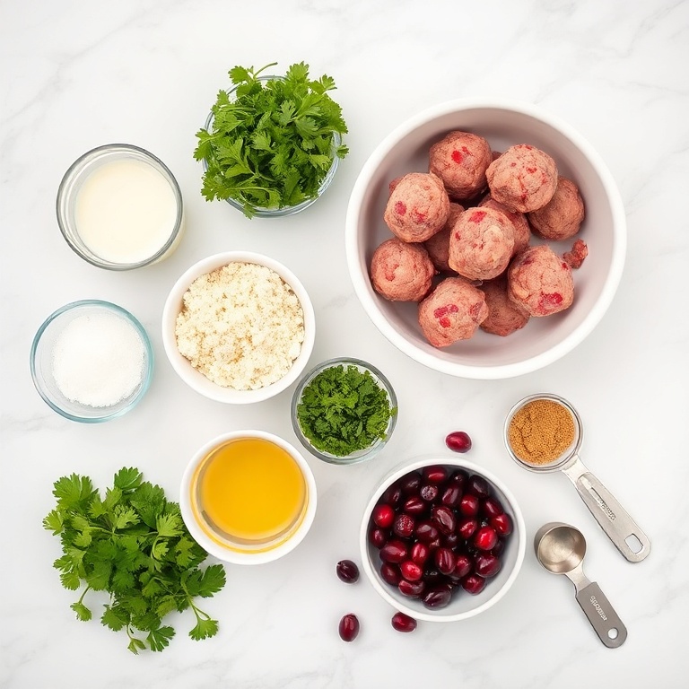 Raw ingredients for Cranberry Meatballs arranged on a white marble surface