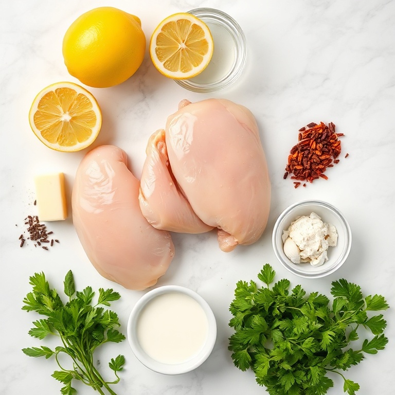 Raw ingredients for creamy baked lemon butter chicken on a marble surface