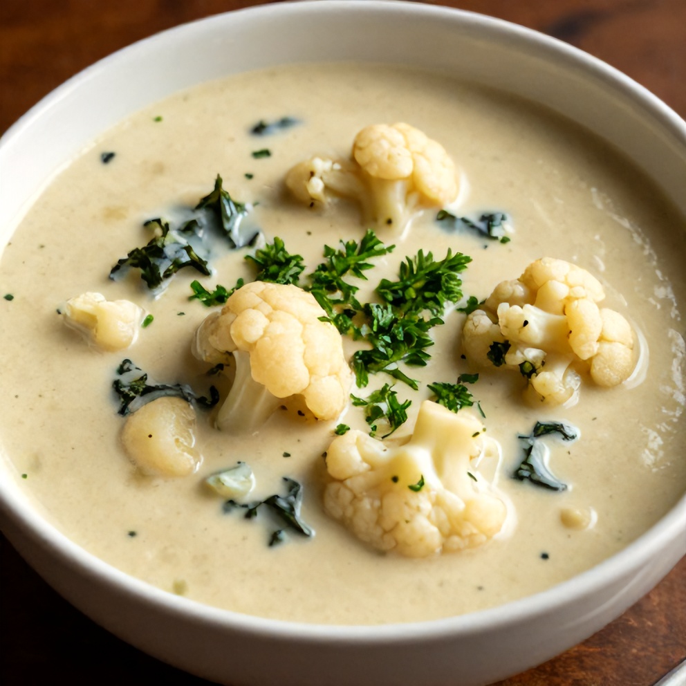 Bowl of Creamy Cauliflower Sausage Kale Soup with a sprinkle of chopped parsley
