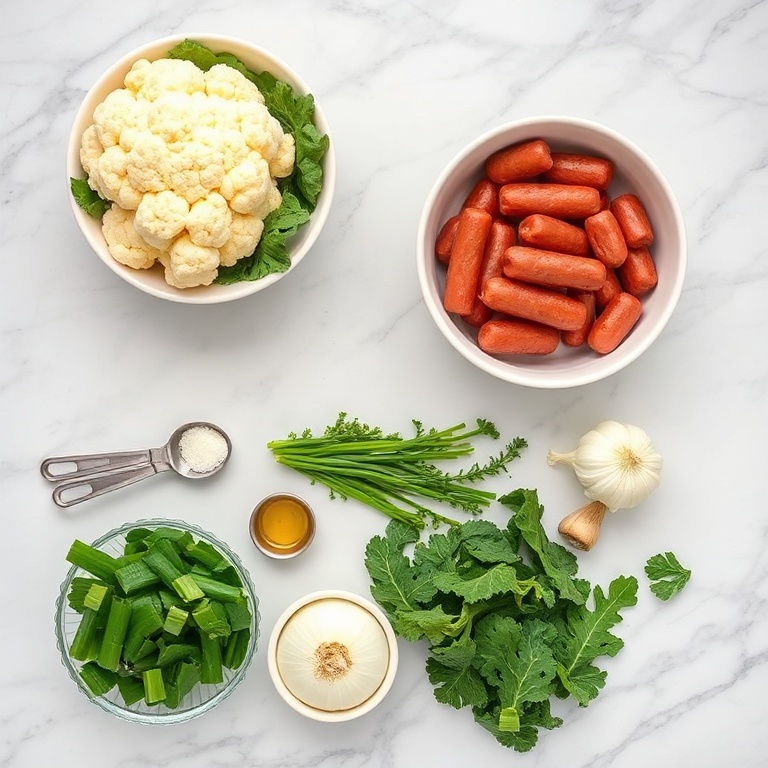 Raw ingredients for Creamy Cauliflower Sausage Kale Soup on a marble countertop