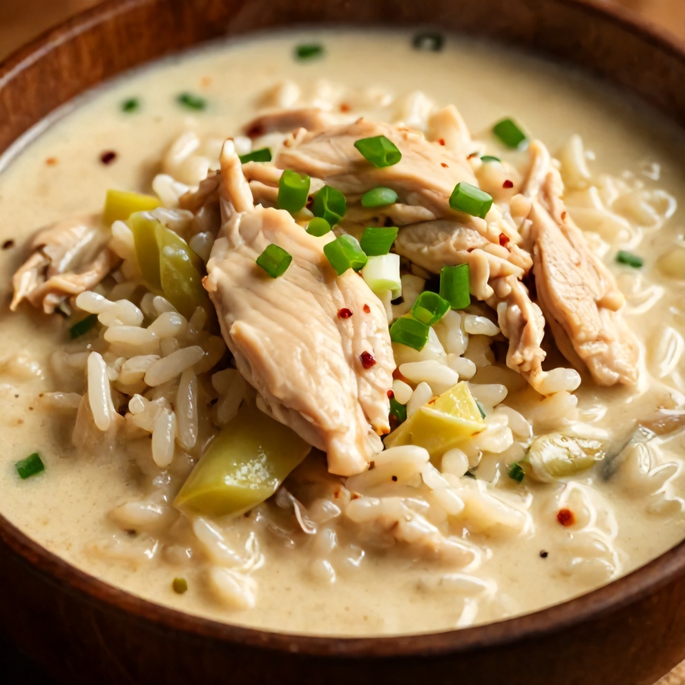 A bowl of creamy coconut chicken brothy rice with chicken, vegetables, and garnishes