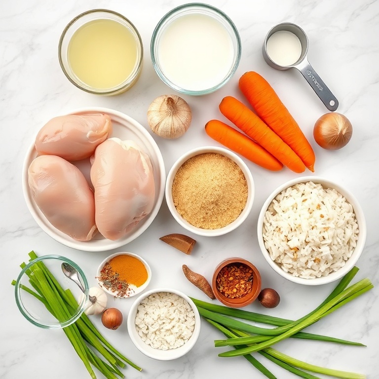 Ingredients for creamy coconut chicken brothy rice: chicken breasts, coconut milk, chicken broth, jasmine rice, carrots, celery, onions, garlic, ginger, curry powder, salt, pepper, green onions, red pepper flakes