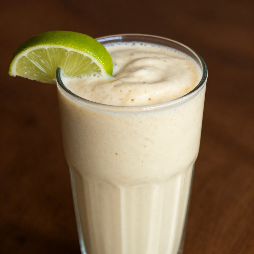 Coconut Key Lime Pie Smoothie served in a glass with a straw