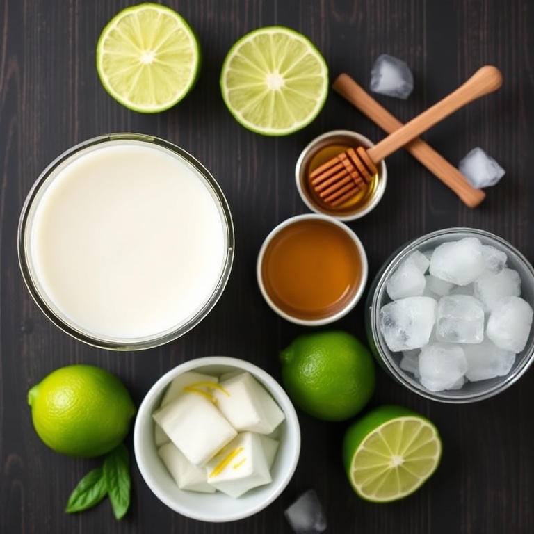 Ingredients for Coconut Key Lime Pie Smoothie on a wooden surface