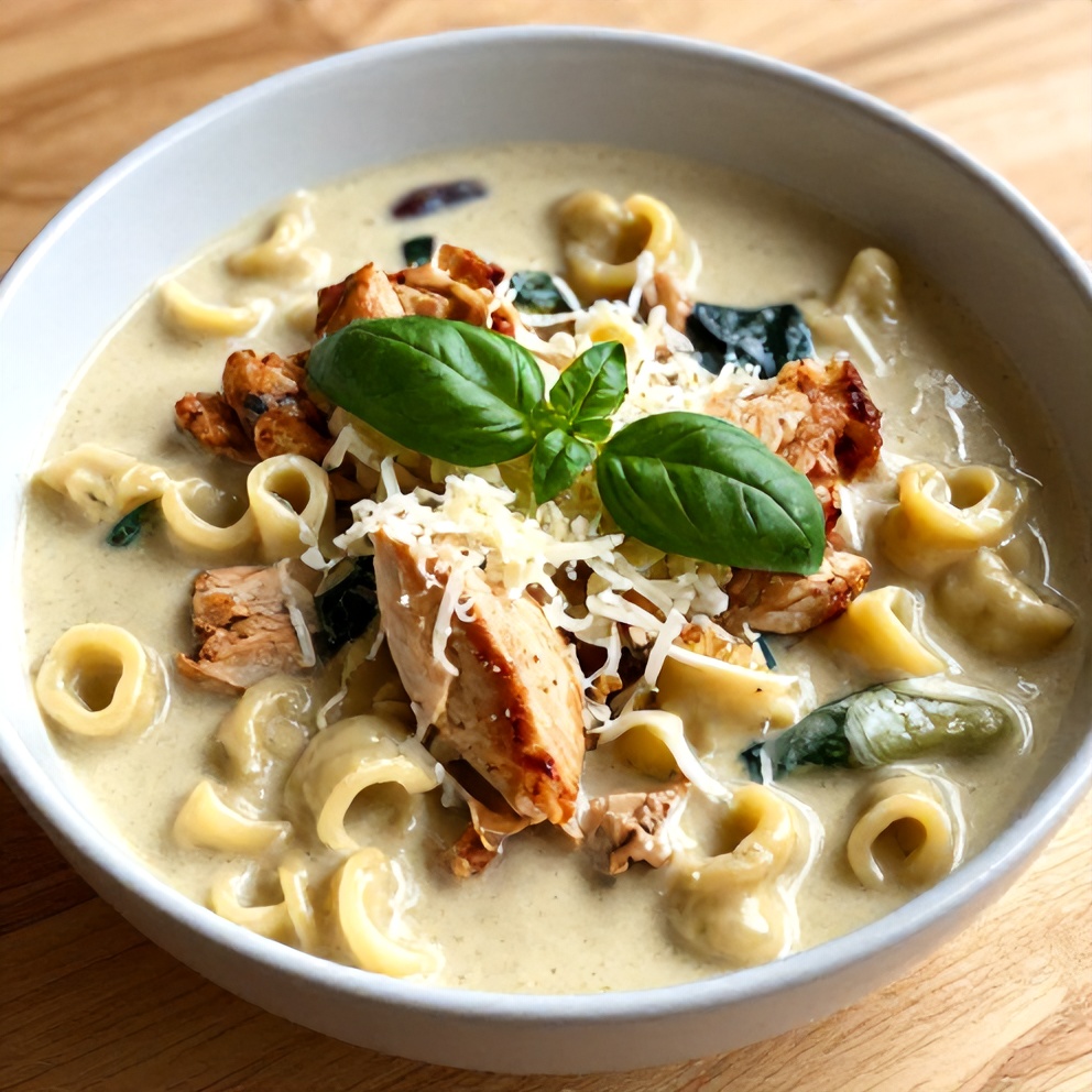 Plated serving of Creamy Crock Pot Chicken Parmesan Soup with Tortellini