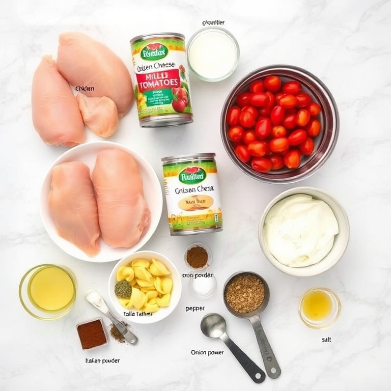 Raw ingredients for Creamy Crock Pot Chicken Parmesan Soup with Tortellini