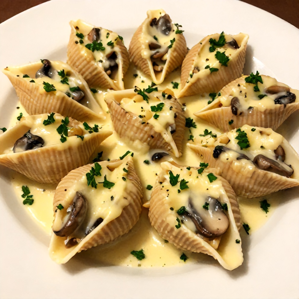 Creamy Garlic Mushroom Stuffed Shells plated with parsley garnish