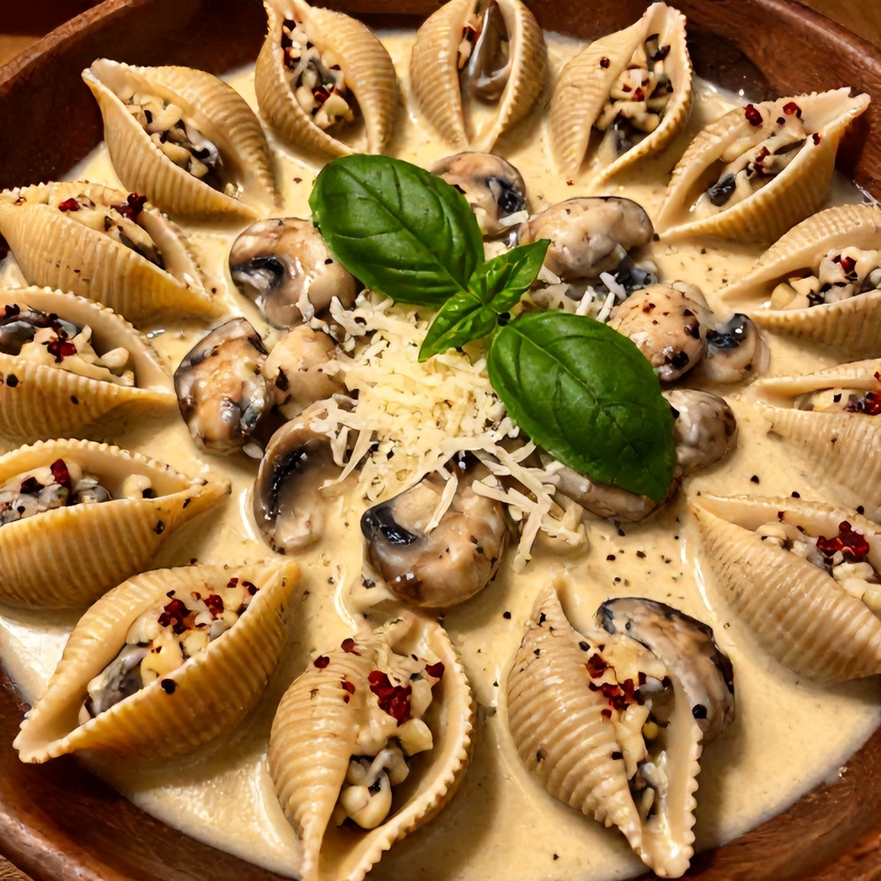 Plated creamy garlic mushroom stuffed shells