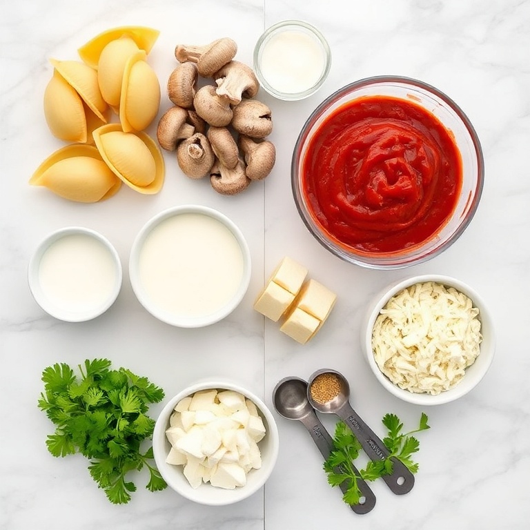 Raw ingredients for creamy garlic mushroom stuffed shells