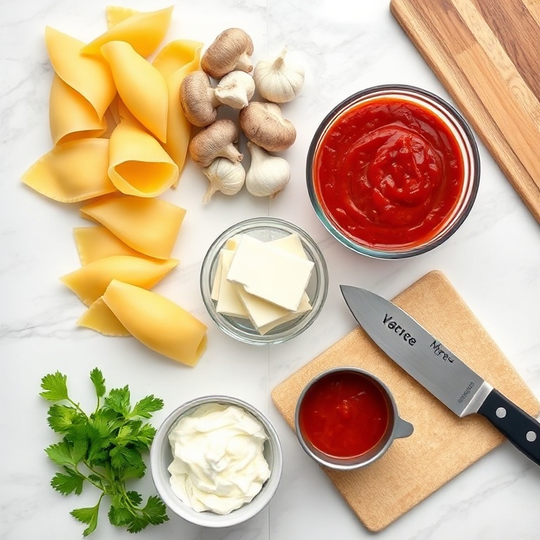 Raw ingredients for creamy garlic mushroom stuffed shells