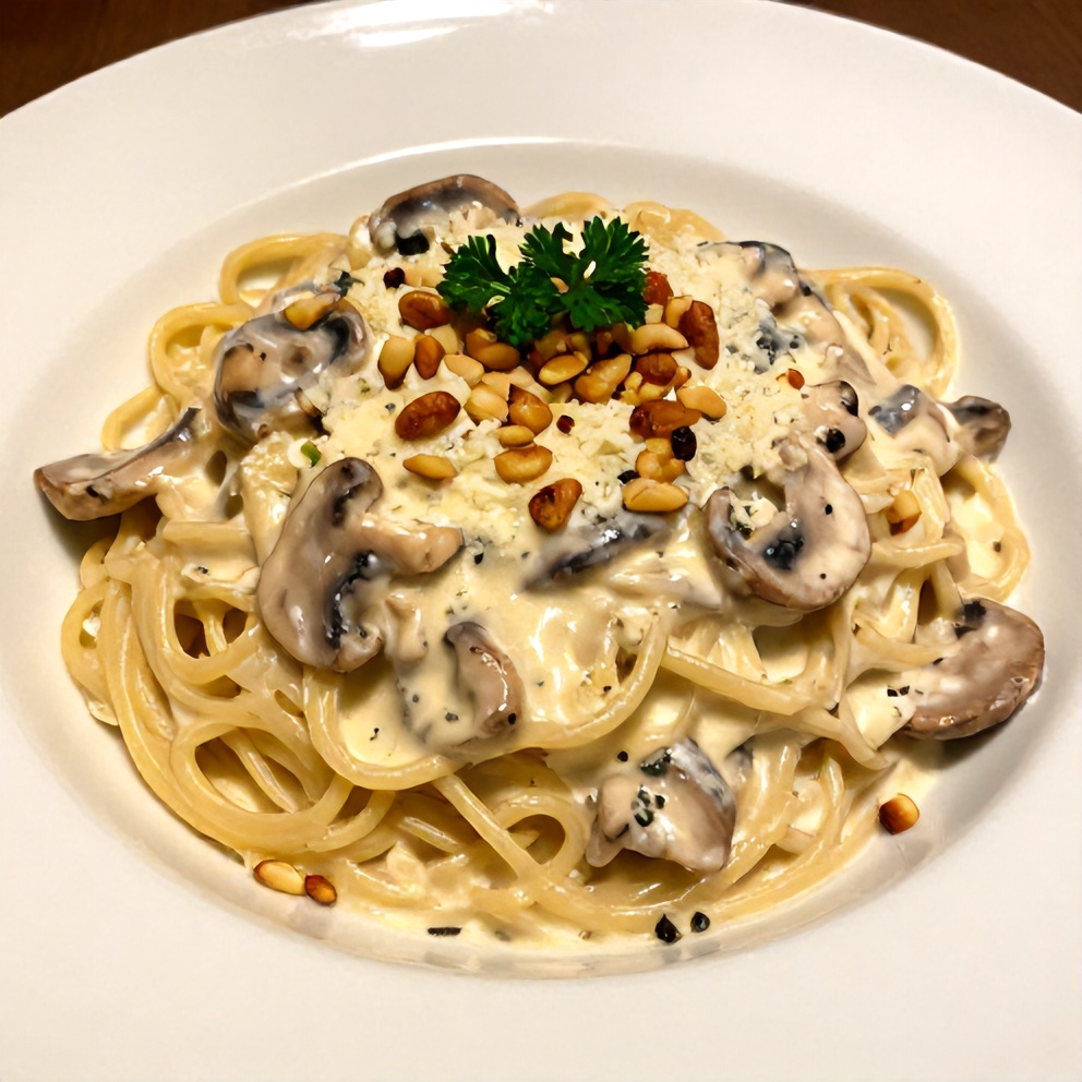 Plated Creamy Gorgonzola Truffle Mushroom Sauce for Pasta