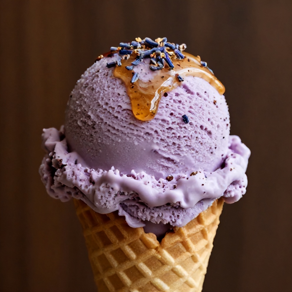 Scoop of honey lavender ice cream on a cone