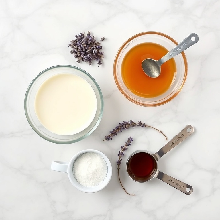 Raw ingredients for honey lavender ice cream on a marble surface