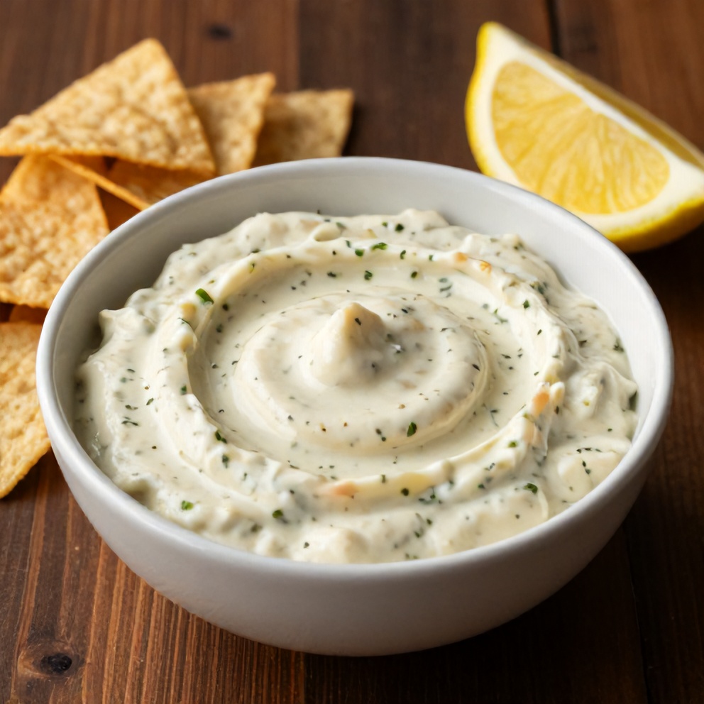 Creamy Lemon Herb White Bean Dip served in a bowl with pita chips and a lemon wedge