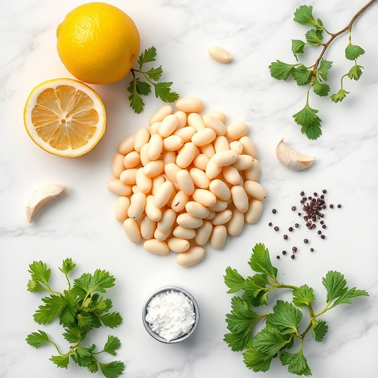 Raw ingredients for creamy lemon herb white bean dip on a marble surface