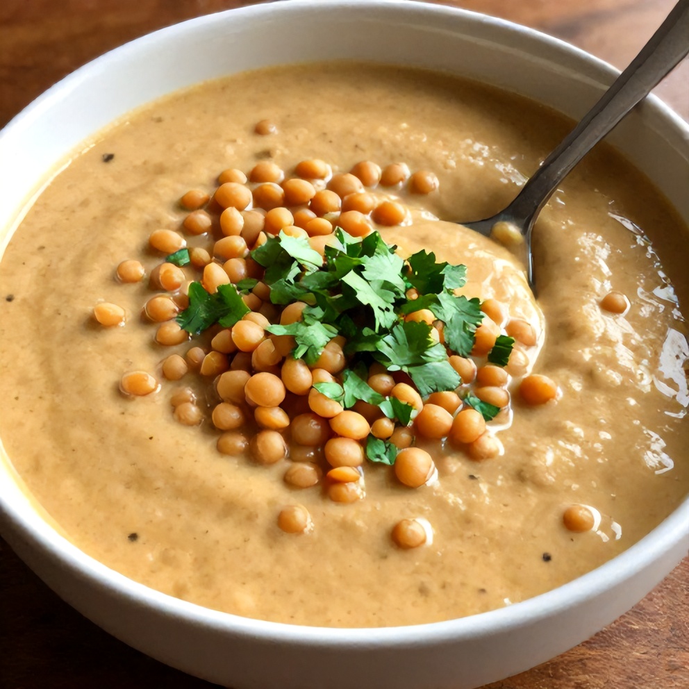 Bowl of Creamy Moroccan Harissa Lentil Soup with a spoon