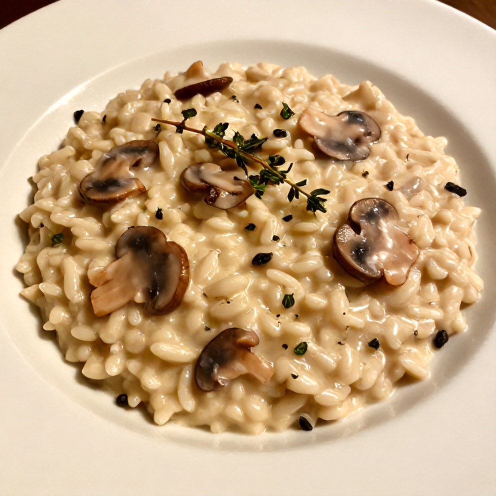Plated Creamy Mushroom Risotto with Fresh Thyme