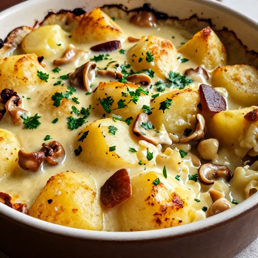 A serving of Creamy Pancetta and Porcini Potato Gratin plated on a rustic dish, garnished with fresh parsley