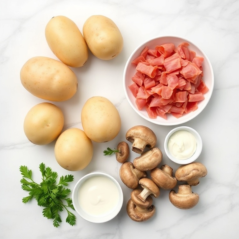 Raw ingredients for Pancetta and Porcini Potato Gratin, including potatoes, pancetta, porcini mushrooms, and heavy cream, arranged in a flat lay