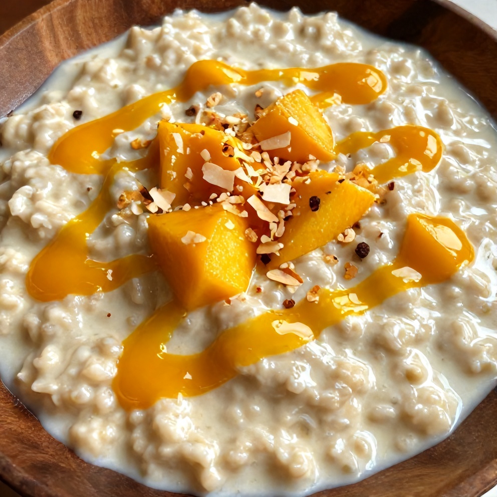 Creamy Pandan Coconut Overnight Oats with Mango Drizzle