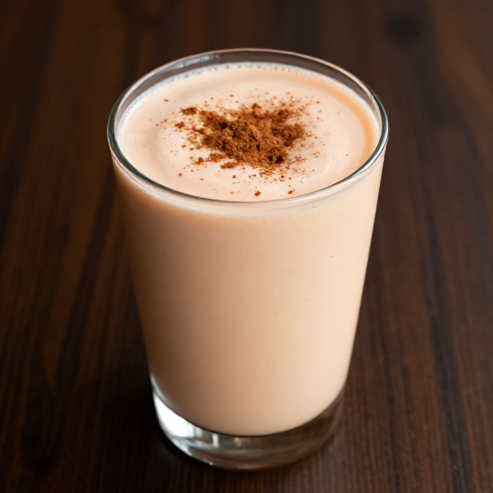 Creamy peach protein shake with a sprinkle of cinnamon