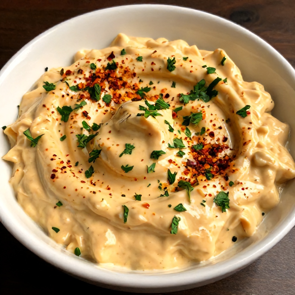 Creamy Roasted Red Pepper and Garlic Dip served with tortilla chips