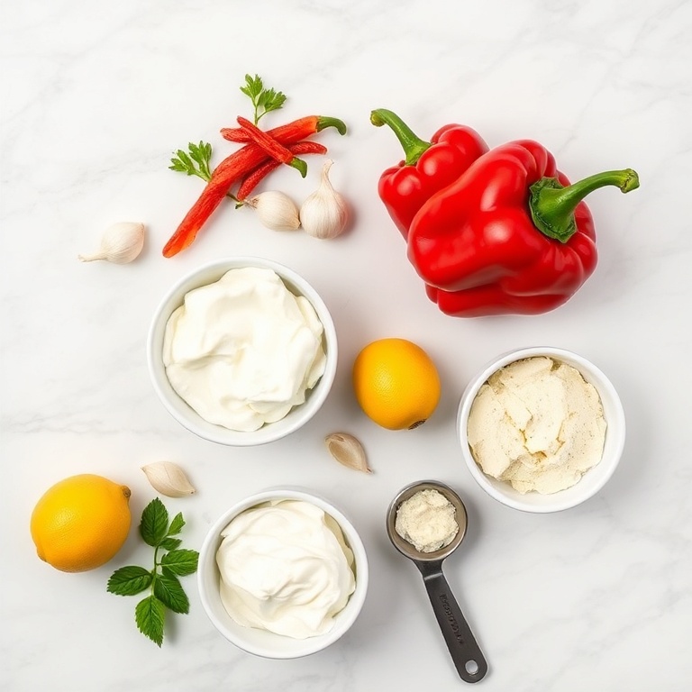 Raw ingredients for Creamy Roasted Red Pepper and Garlic Dip on a marble surface