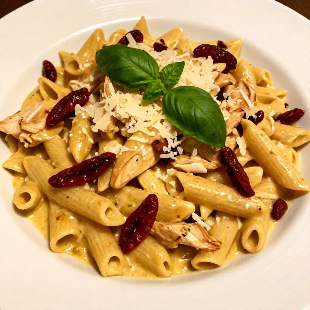 Plated Creamy Slow Cooker Chicken Pasta with Sun-Dried Tomatoes
