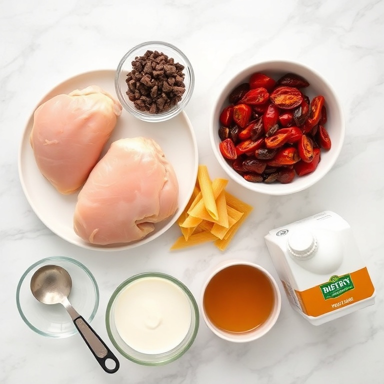 Raw ingredients for Creamy Slow Cooker Chicken Pasta with Sun-Dried Tomatoes