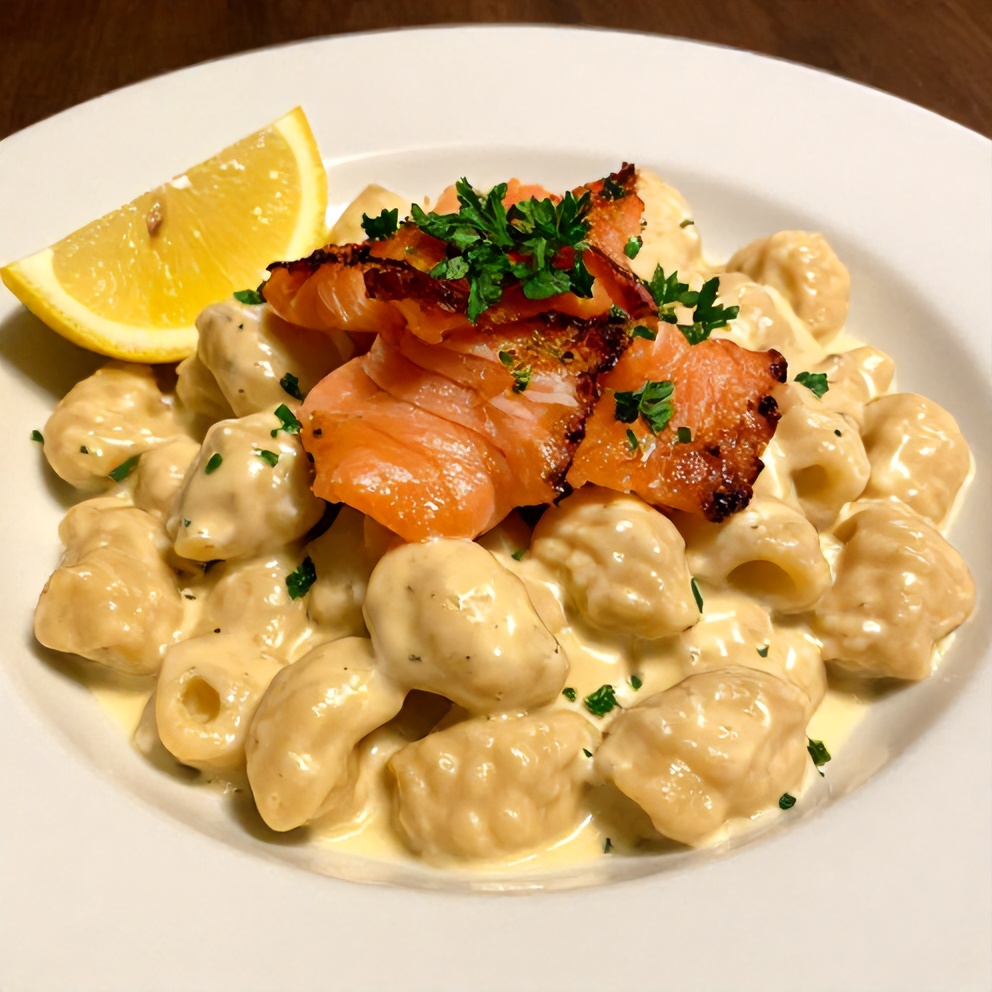 Plated creamy smoked salmon gnocchi with fresh parsley