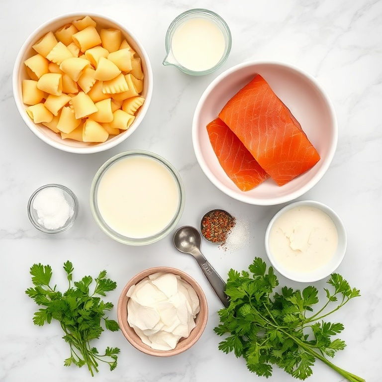 Raw ingredients for creamy smoked salmon gnocchi laid out