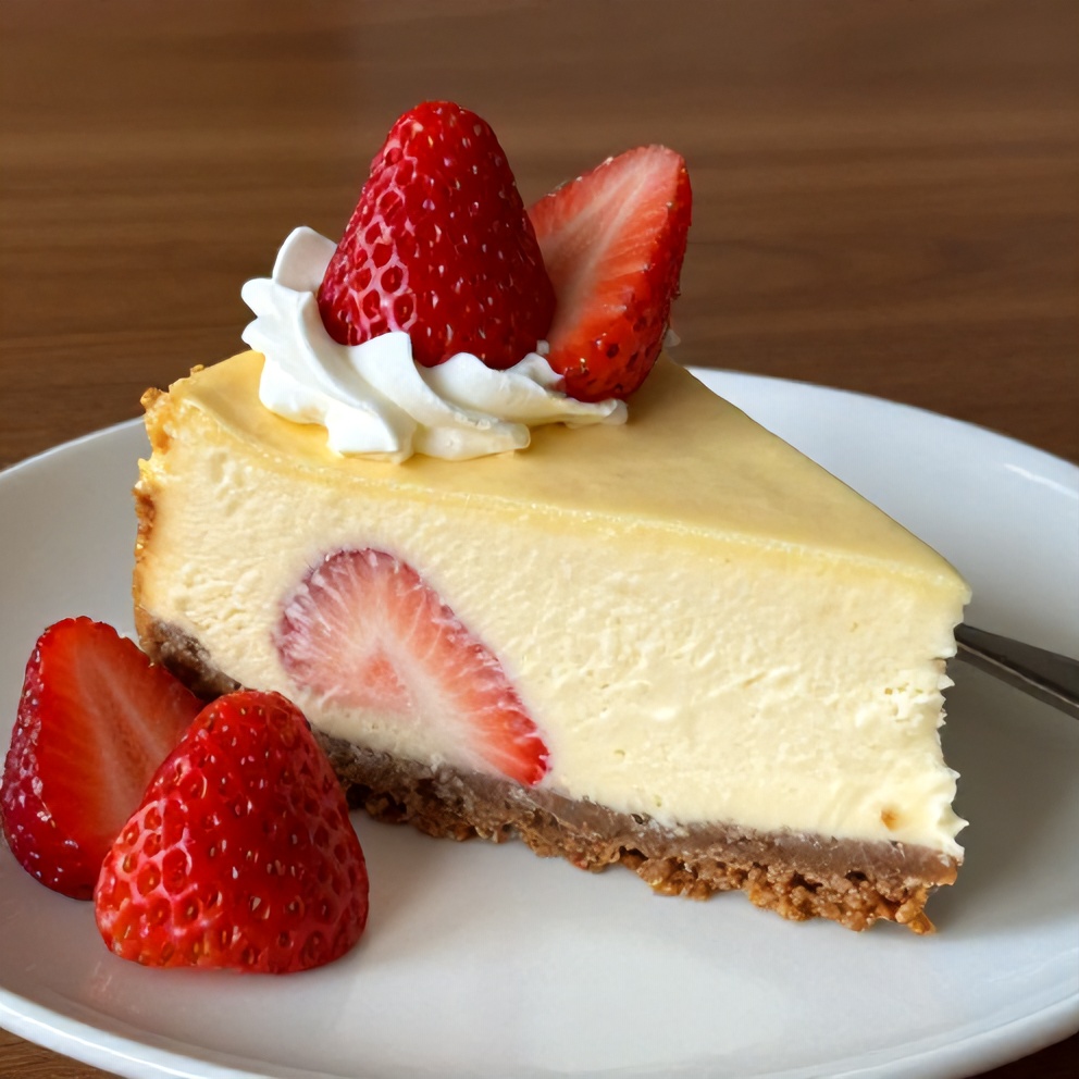 Slice of creamy strawberry swirl cheesecake on a fork